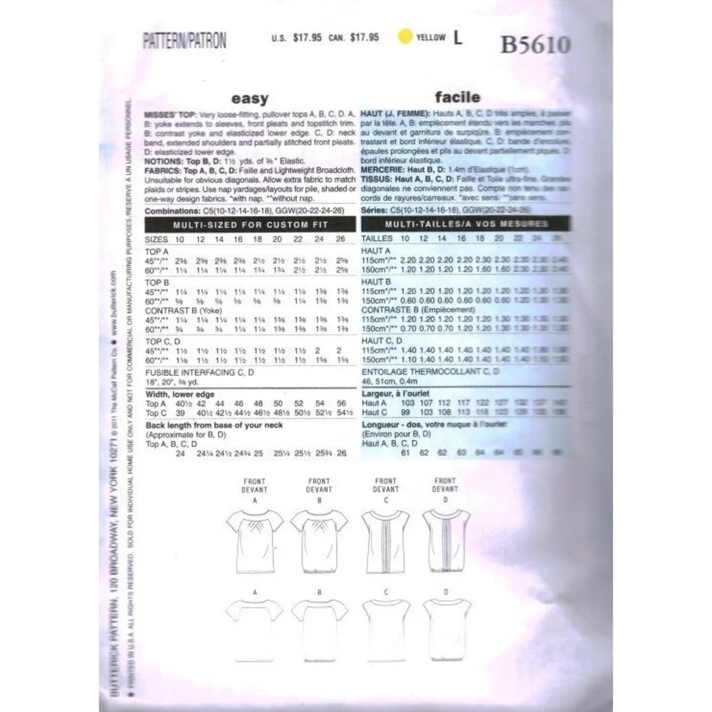 Butterick B5610‎ Sewing Pattern Misses Pleated Pullover Tops Size 10-14 Easy CUT